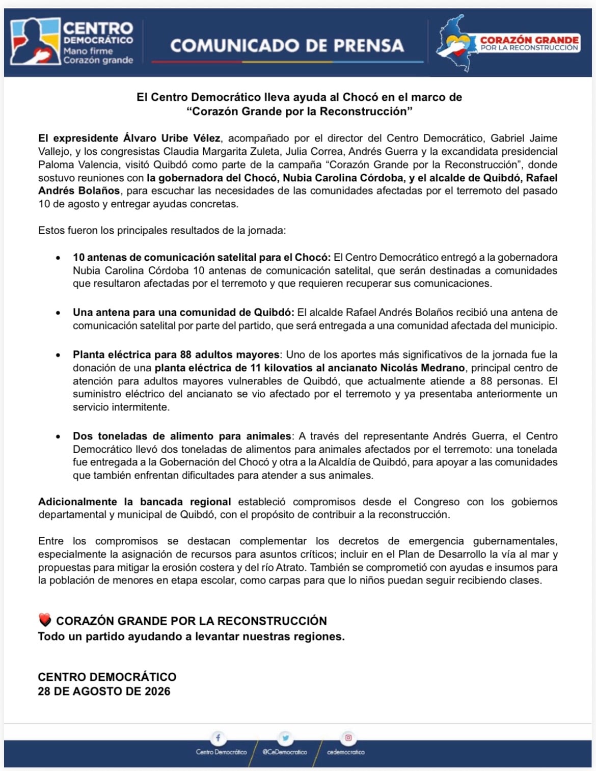 Comunicado Centro Democrático