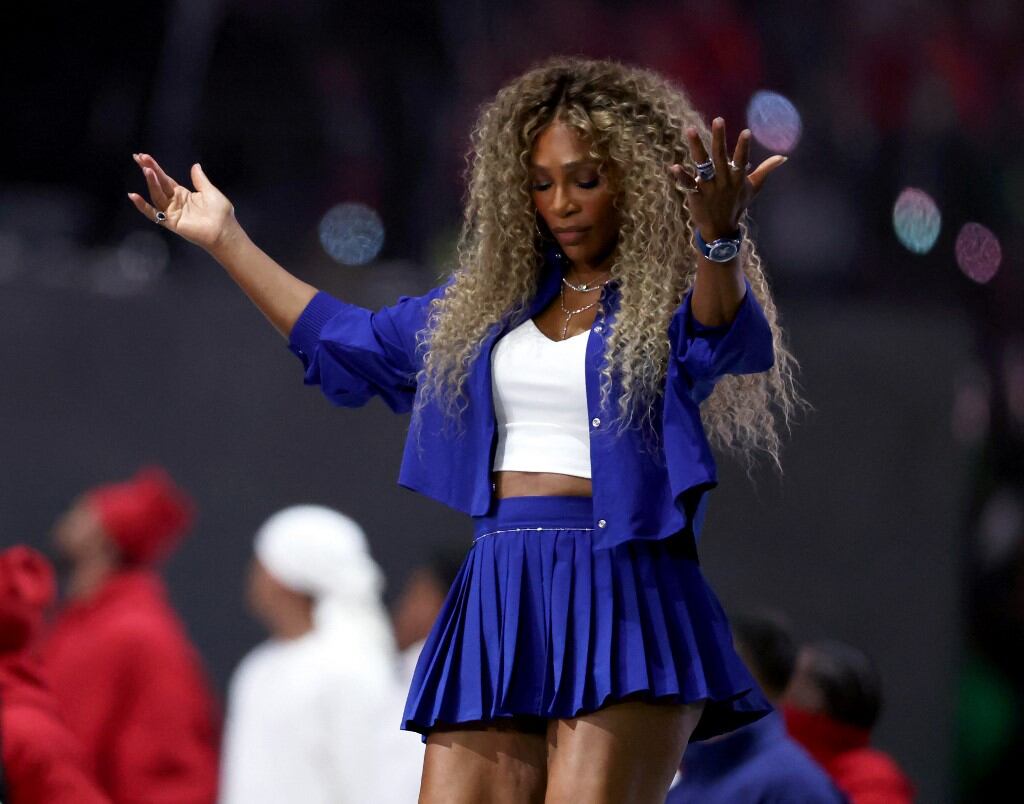Serena Williams se presenta en el escenario durante el espectáculo de medio tiempo del Super Bowl LIX de Apple Music en el Caesars Superdome el 9 de febrero de 2025 en Nueva Orleans, Luisiana. Emilee Chinn/Getty Images/AFP (Photo by Emilee Chinn / GETTY IMAGES NORTH AMERICA / Getty Images via AFP)