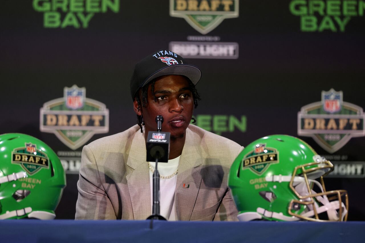 GREEN BAY, WISCONSIN - APRIL 24: Quarterback Cam Ward of Miami speaks with media after being selected first overall pick by the Tennessee Titans during the first round of the 2025 NFL Draft at Lambeau Field on April 24, 2025 in Green Bay, Wisconsin. Michael Reaves/Getty Images/AFP (Photo by Michael Reaves / GETTY IMAGES NORTH AMERICA / Getty Images via AFP)