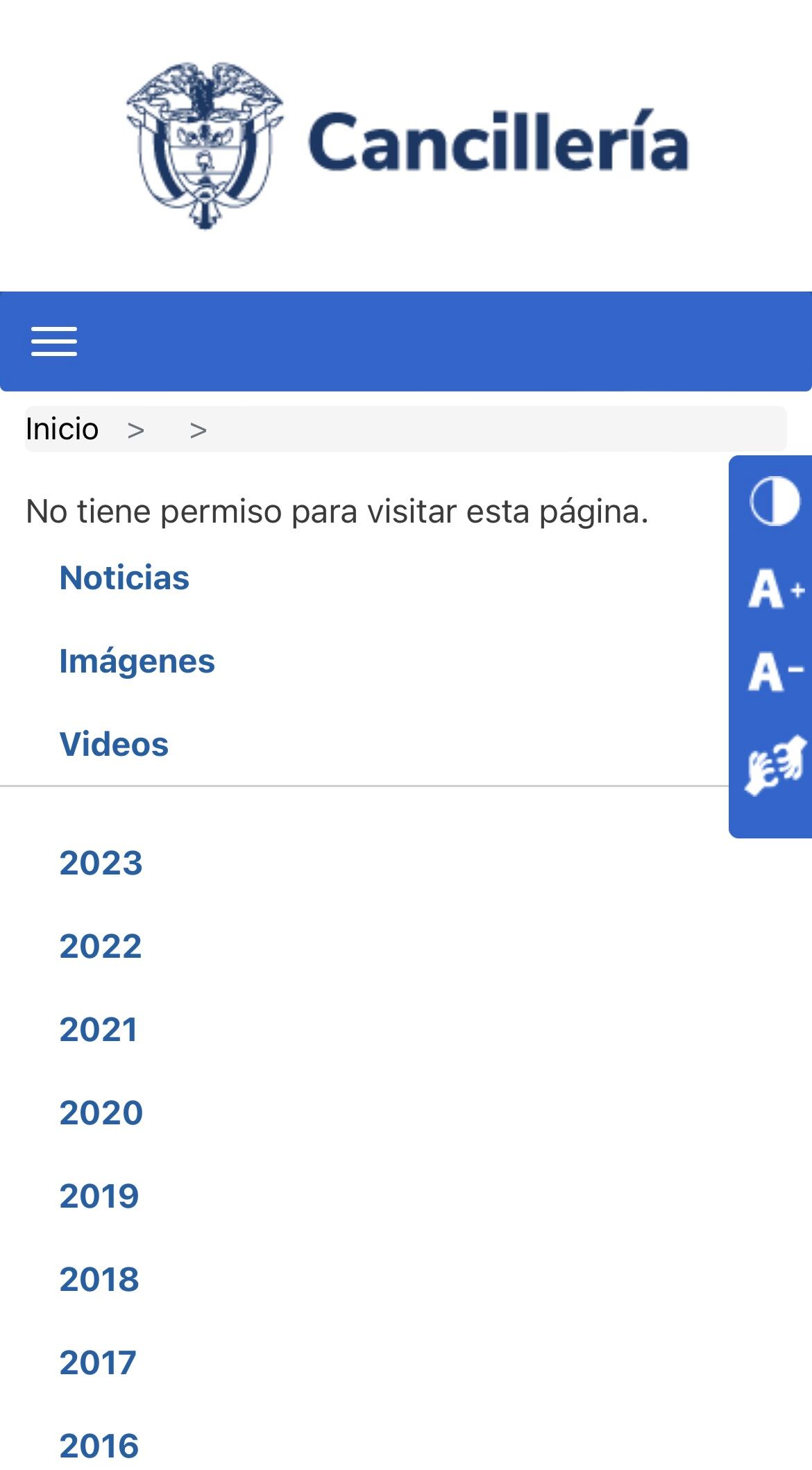 Página Cancillería (no aparece el comunicado condenando el ataque de Hamás a Israel)