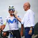 SAN SEBASTIAN, SPAIN - AUGUST 01: (L-R) Diego Pescador of Colombia, Nairo Quintana of Colombia and Team Movistar and Juan Mari Guajardo Aranguiz of Spain speaker prior to the 45th Donostia San Sebastian Klasikoa 2026 a 221,1km one day race from San Sebastian to San Sebastian / #UCIWT / on August 01, 2026 in San Sebastian, Spain. (Photo by Antonio Baixauli/Getty Images)