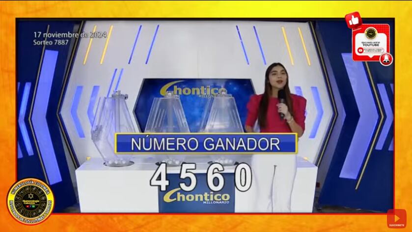 Sorteo 7887 de la Lotería Chontico // Foto: Canal de Youtube Resultados Chance Colombia