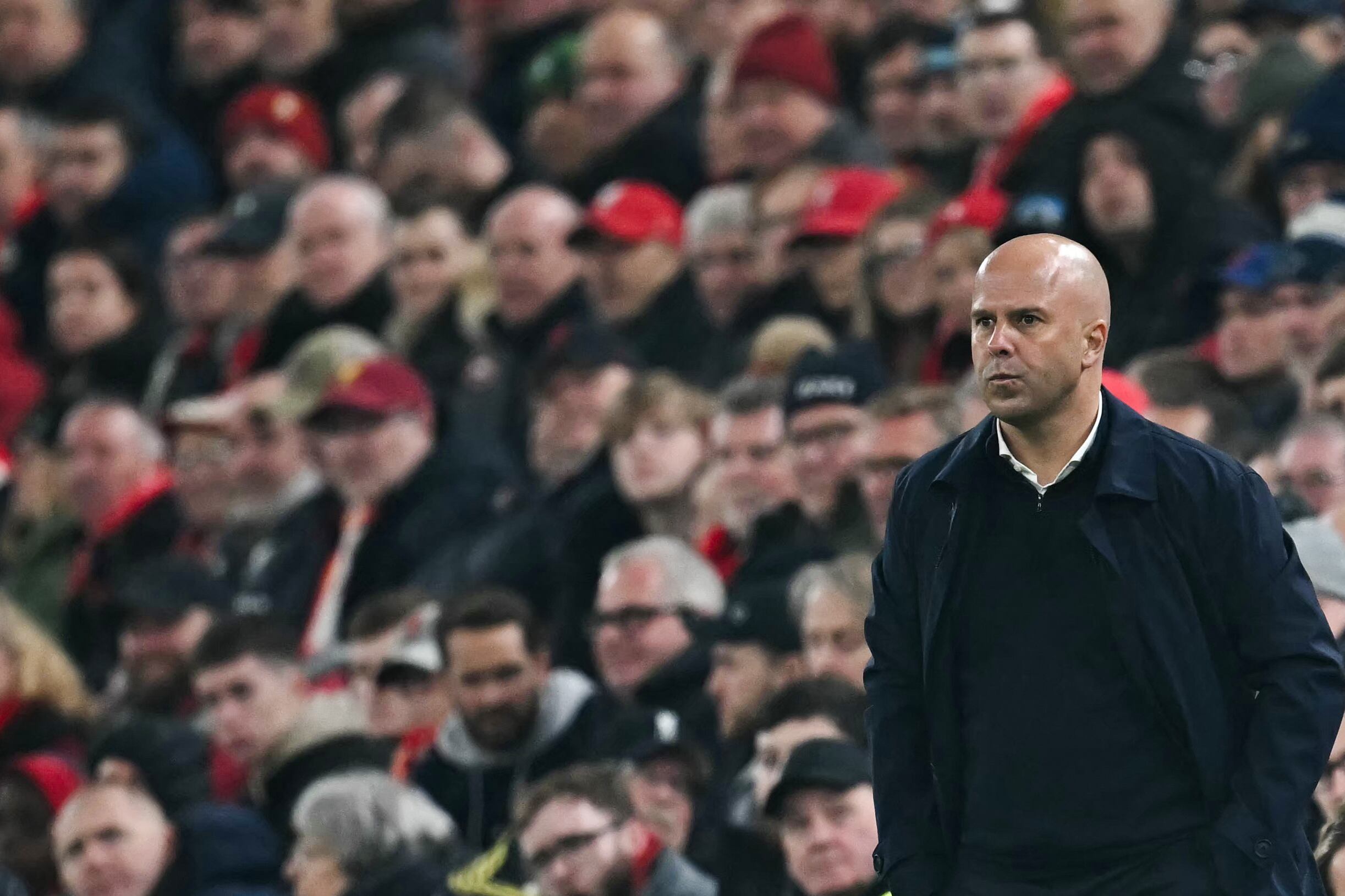 Liverpool's Dutch manager Arne Slot reacts during the UEFA Champions League football match between Liverpool and Bayer Leverkusen at Anfield stadium, in Liverpool, north west England, on November 5, 2024. (Photo by Paul ELLIS / AFP)