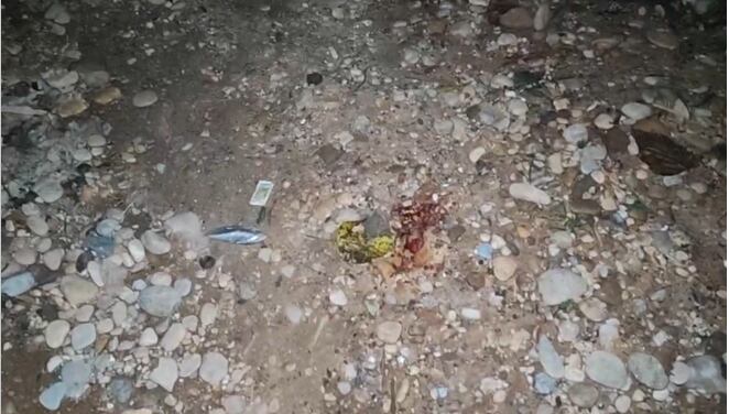 Sobre la vía quedó evidencia del brutal linchamiento.