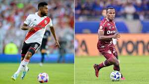 Miguel Borja, jugador de River Plate, y Jhon Arias, de Fluminense.