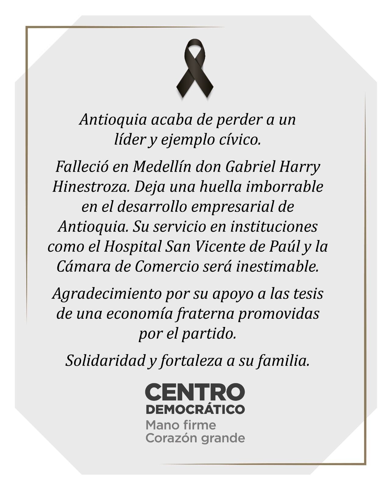 El Centro Democrático lamentó el fallecimiento del empresario.