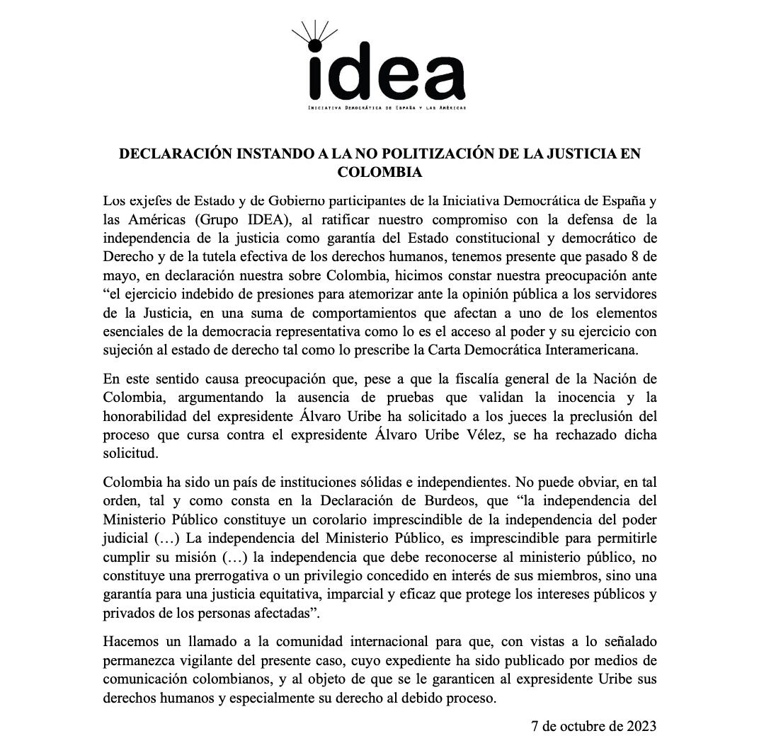 Comunicado del grupo Idea sobre proceso contra el expresidente Álvaro Uribe.