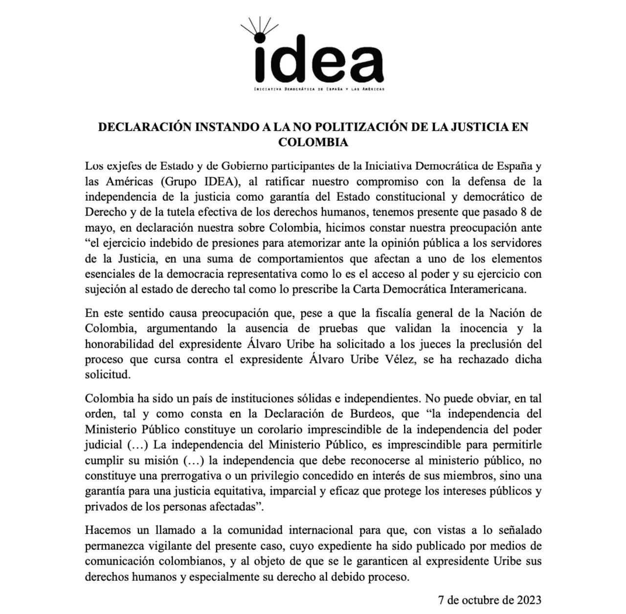 Comunicado del grupo Idea sobre proceso contra el expresidente Álvaro Uribe.