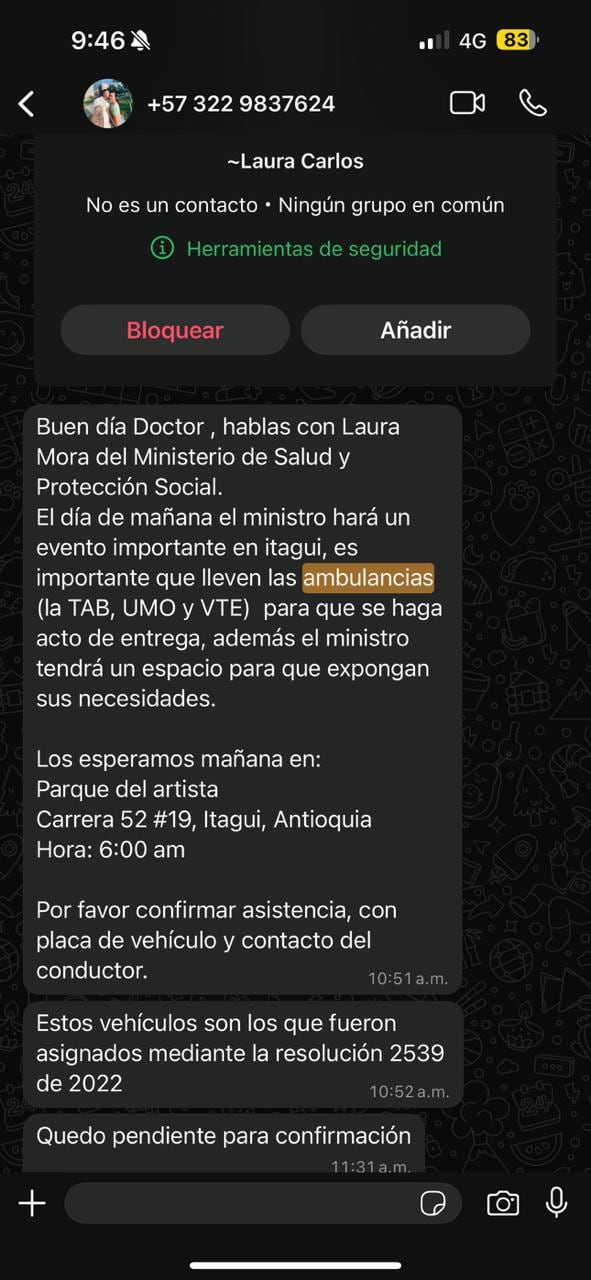 Mensaje enviado desde Minsalud a alcaldes en Antioquia para reunirlos y mostrar la supuesta entrega de ambulancias.