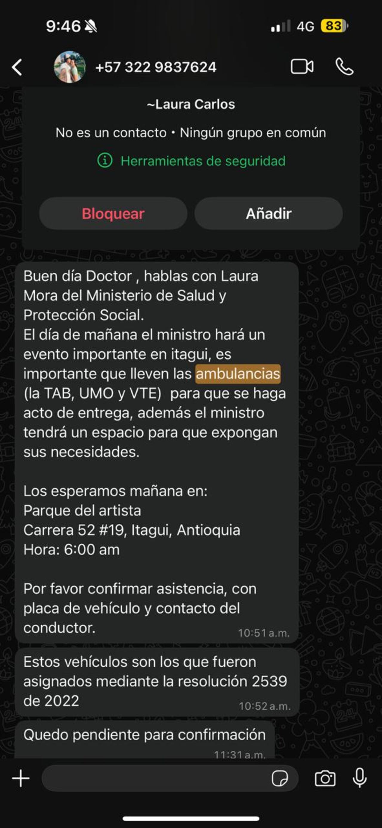 Mensaje enviado desde Minsalud a alcaldes en Antioquia para reunirlos y mostrar la supuesta entrega de ambulancias.