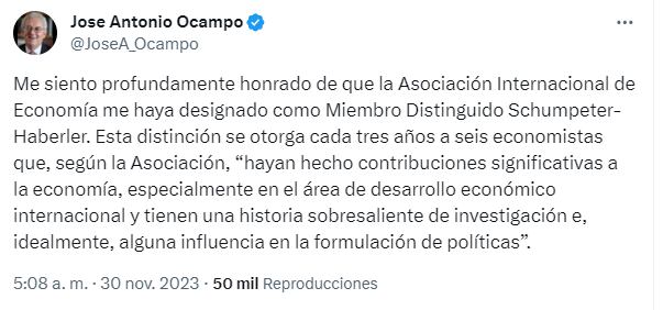 Publicación de José Antonio Ocampo en X.