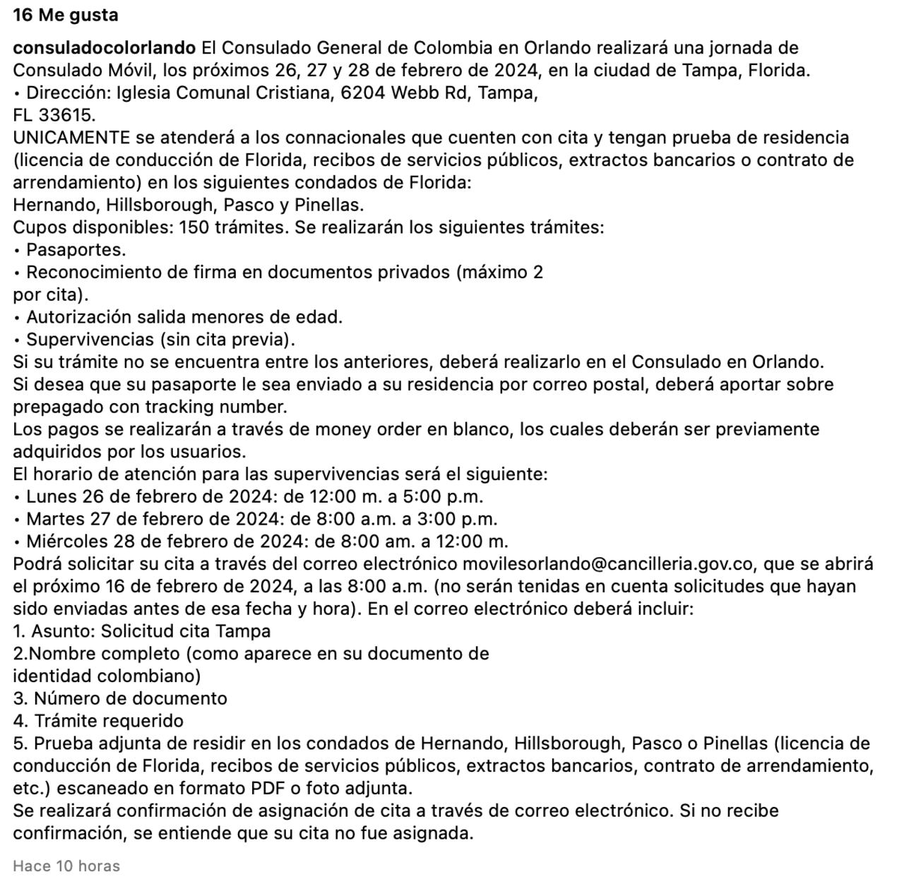 Publicación del Consulado de Colombia en Orlando.