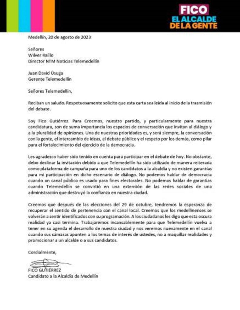 Federico Gutiérrez envió carta a Telemedellín.