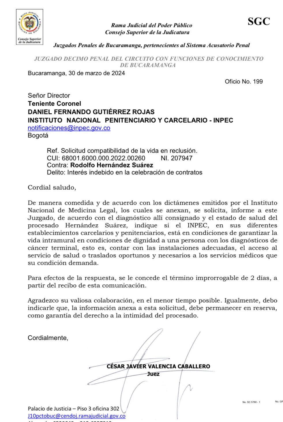 Esta es la carta que el Juez que investigaba a Rodolfo Hernández por Vitalogic envió al Inpec.