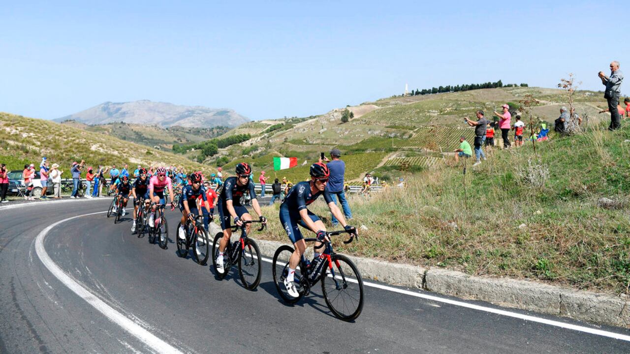 Cyclists pedal during the second stage of the Giro d'Italia cycling race, from Alcamo to Agrigento, in Sicily, southern Italy, Sunday, Oct. 4, 2020. (Fabio Ferrari/LaPresse via AP)