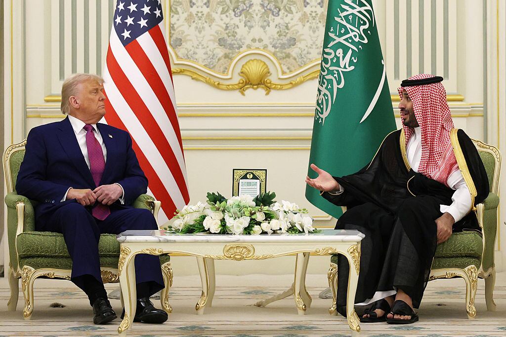 RIYADH, SAUDI ARABIA - MAY 13: U.S. President Donald J. Trump and Saudi Crown Prince Mohammed bin Salman attend a bilateral meeting at the Saudi Royal Court on May 13, 2025, in Riyadh, Saudi Arabia. Trump begins a multi-nation tour of the Gulf region focused on expanding economic ties and reinforcing security cooperation with key U.S. allies.   (Photo by Win McNamee/Getty Images)