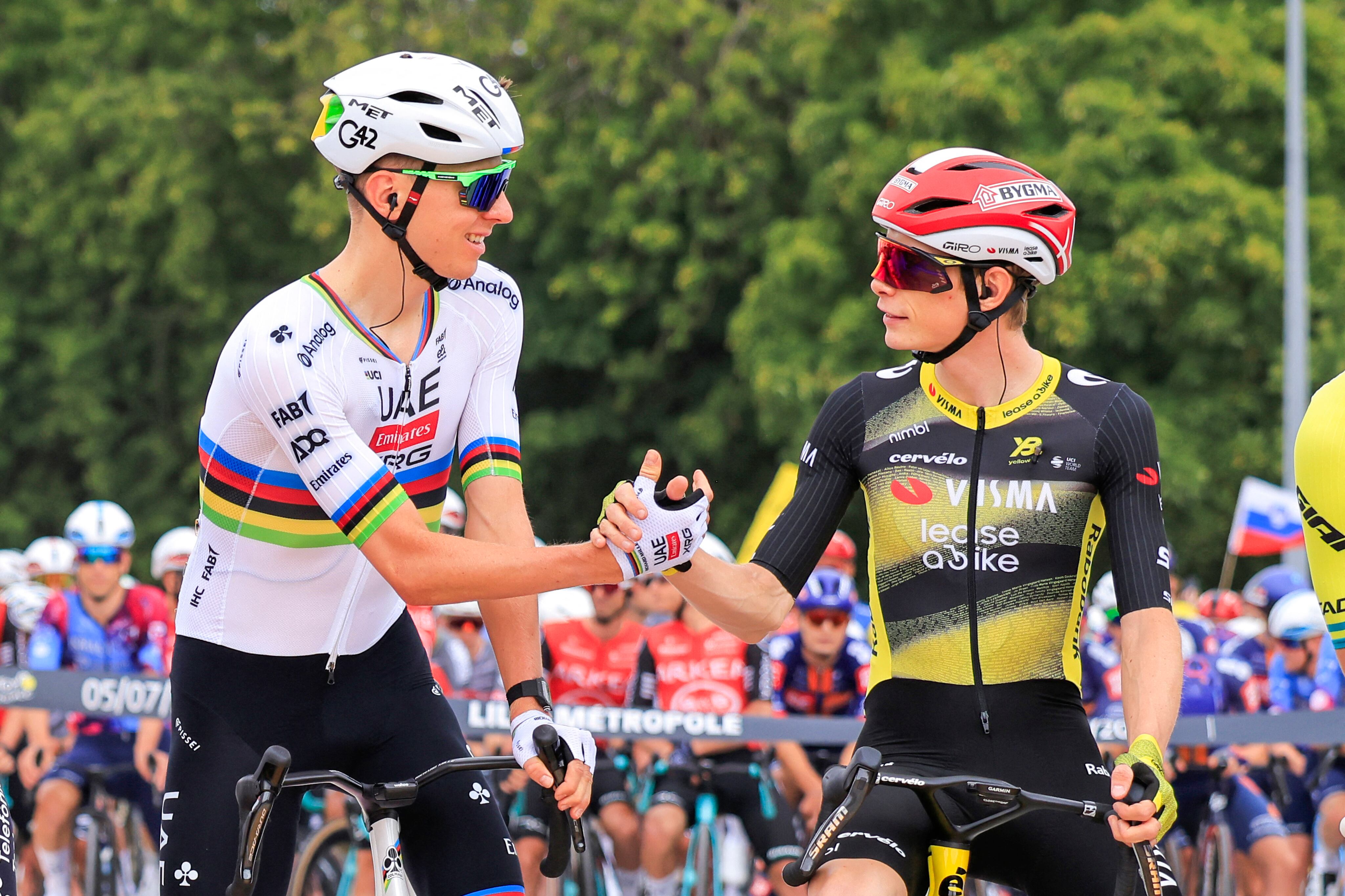 Tadej POGACAR, UAE Team Emirates - XRG, Jonas VINGEGAARD, Team Visma | Lease a Bike, during the Tour de France 2025, UCI WorldTour cycling event, Stage 1, Lille M�tropole - Lille M�tropole (184,9 Km) on 5 July 2025 in Lille, France - Photo Stefano Cavasino / DPPI (Photo by Stefano Cavasino / DPPI via AFP)