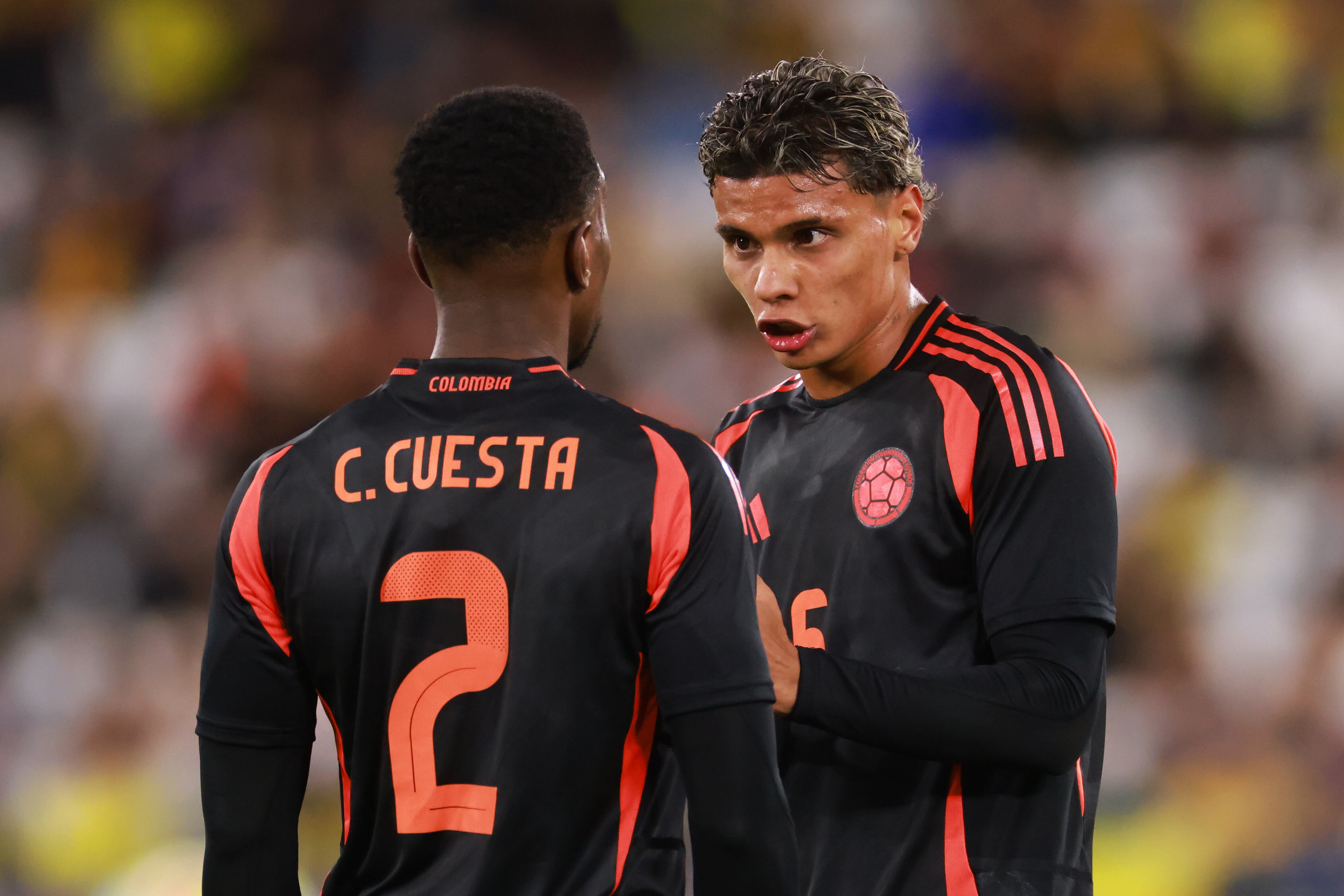 LONDON, ENGLAND - MARCH 22: Carlos Cuesta and Richard Rios of Colombia during the international friendly match between Spain and Colombia at London Stadium on March 22, 2024 in London, England. (Photo by Marc Atkins/Getty Images)