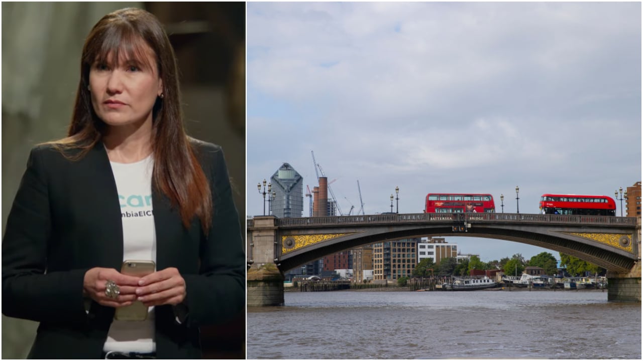 Zulma Guzmán Castro cuando participó en un programa de televisión. Y, a la derecha, el puente de Battersea, en Londres (Inglaterra)