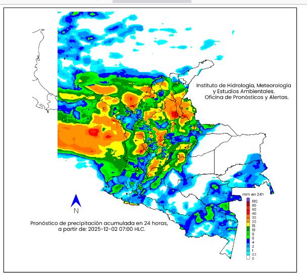 La escala de colores indica la cantidad de precipitación acumulada (en milímetros) para el 2 de diciembre de 2025