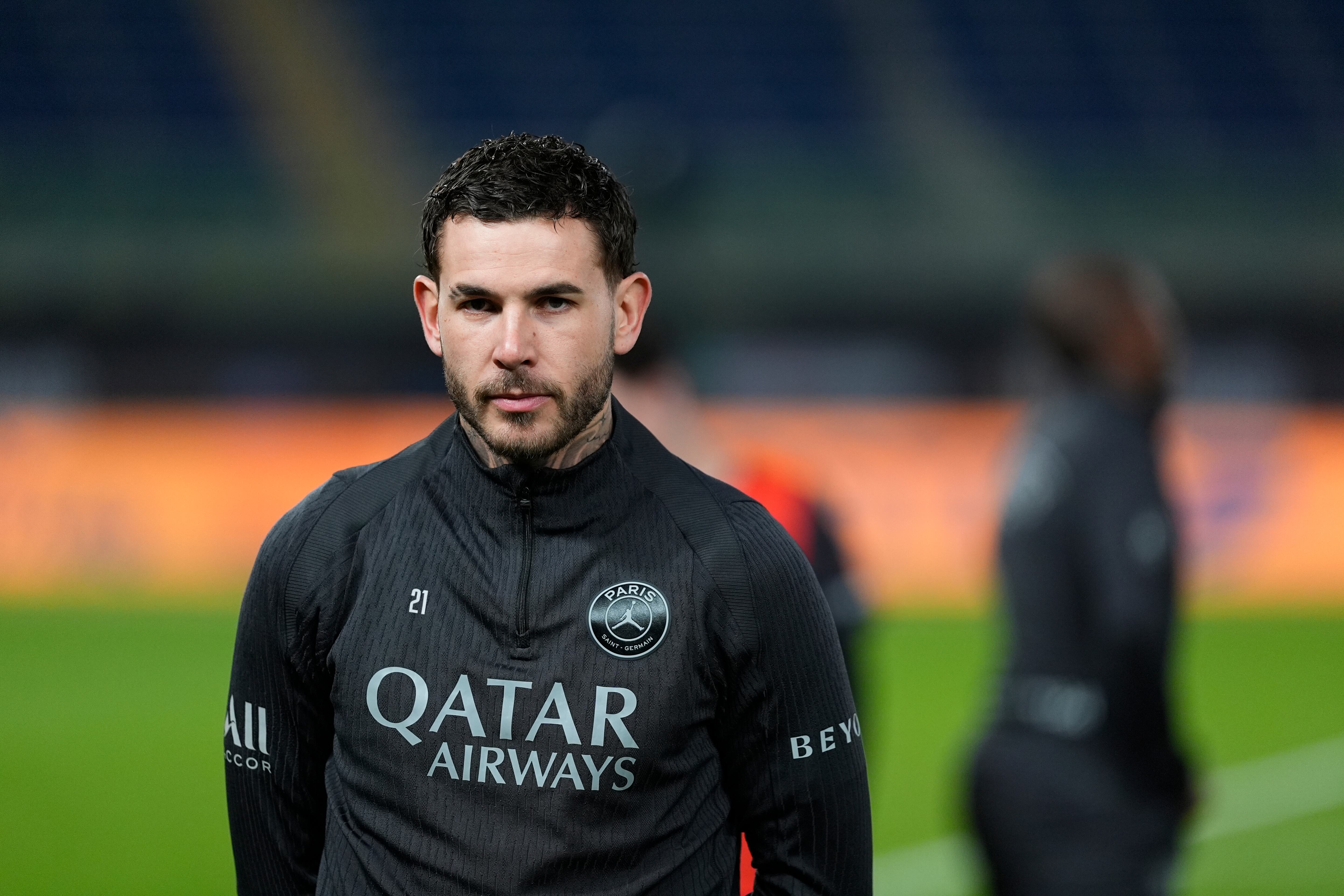 KUWAIT CITY, KUWAIT - JANUARY 7: Lucas Hernandez #21 of Paris Saint-Germain F.C. looks engaged during the LFP Champions Trophy Paris Saint Germain (PSG) Training MD-1 on January 7, 2026, Jaber Al-Ahmad International Stadium, Kuwait City, Kuwait. (Photo by Glenn Gervot - PSG / PSG via Getty Images)