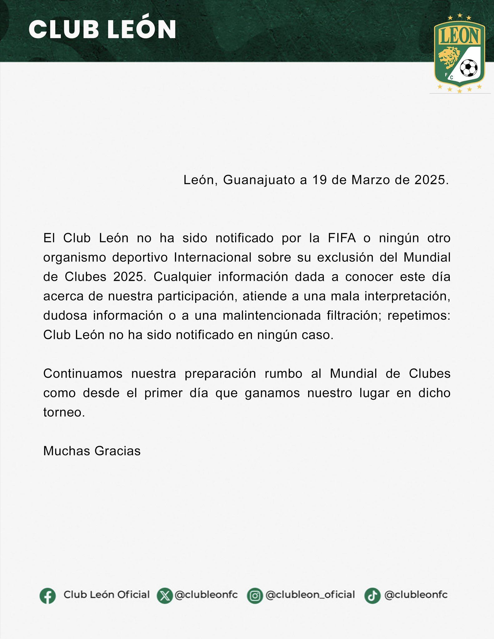 Comunicado oficial de Club León respecto al Mundial de Clubes 2025.