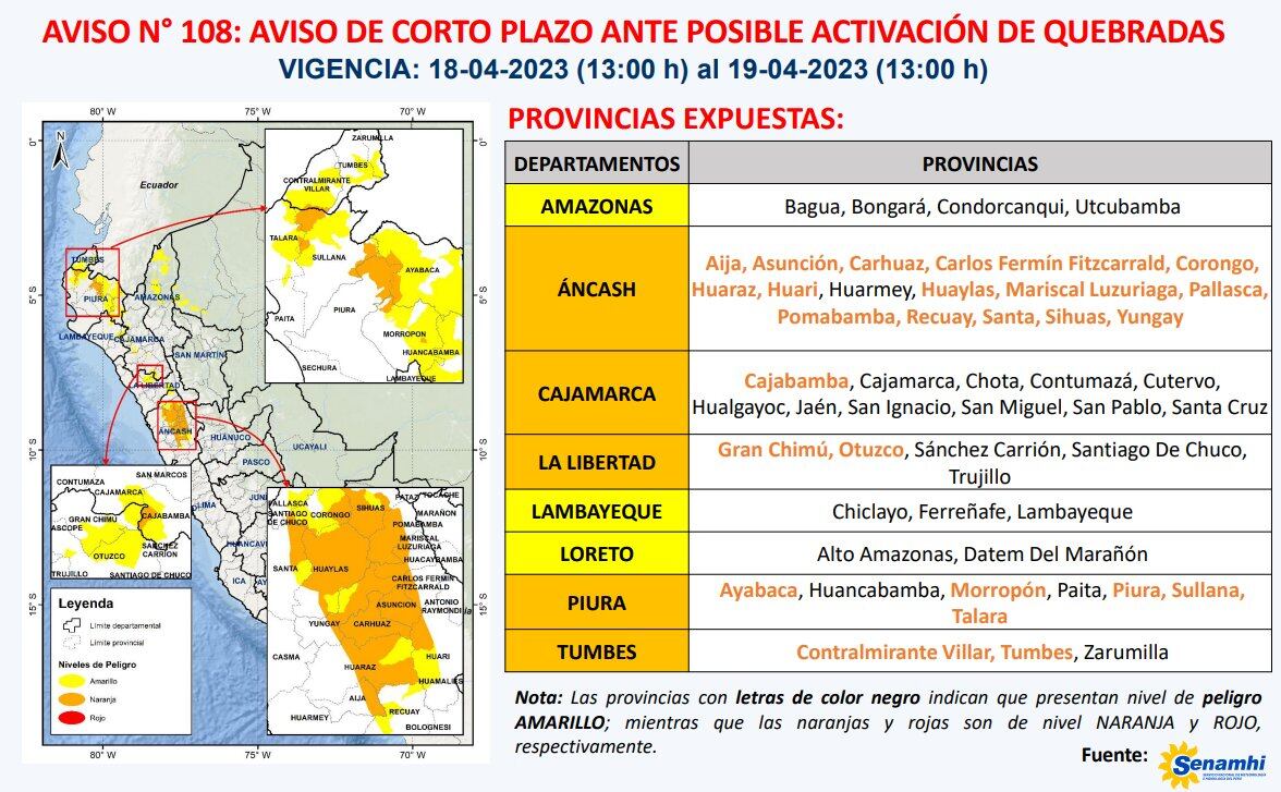 Autoridades de Perú advierten sobre posibilidad de desbordamiento de quebradas por ola invernal.