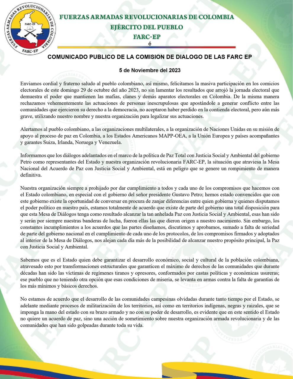 Comunicado disidencias Farc