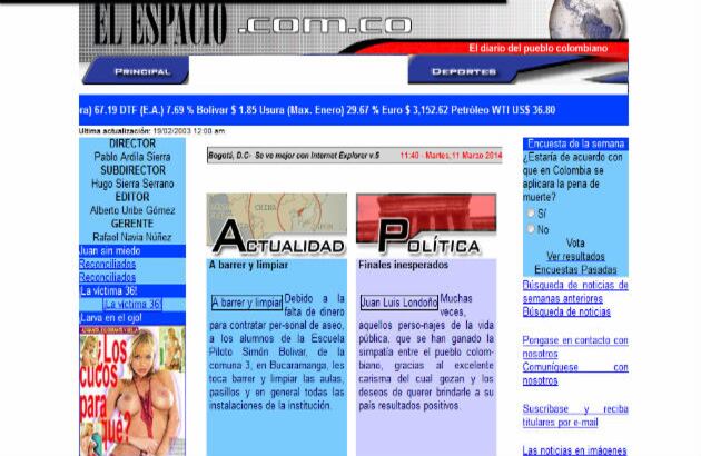 El Espacio entró tarde a internet. Esta es una de las primeras versiones digitales de 2003. Hoy la paradoja es que el diario dejó de circular, mientras su lenguaje y su modo de informar, es cada día más popular en los medios tradicionales.