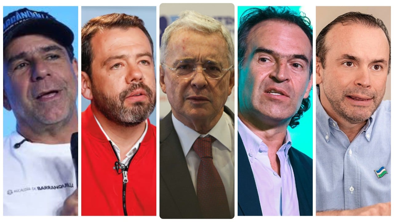 Los Alcaldes de Barranquilla, Alex Char; de Bogotá, Carlos Fernando Galán; de Medellín, Federico Gutiérrez; y de Cali, Alejandro Eder. En el centro el expresidente Álvaro Uribe.
