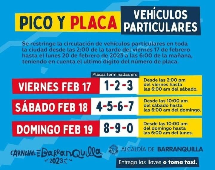 Estos son los datos oficiales del pico y placa por Carnaval