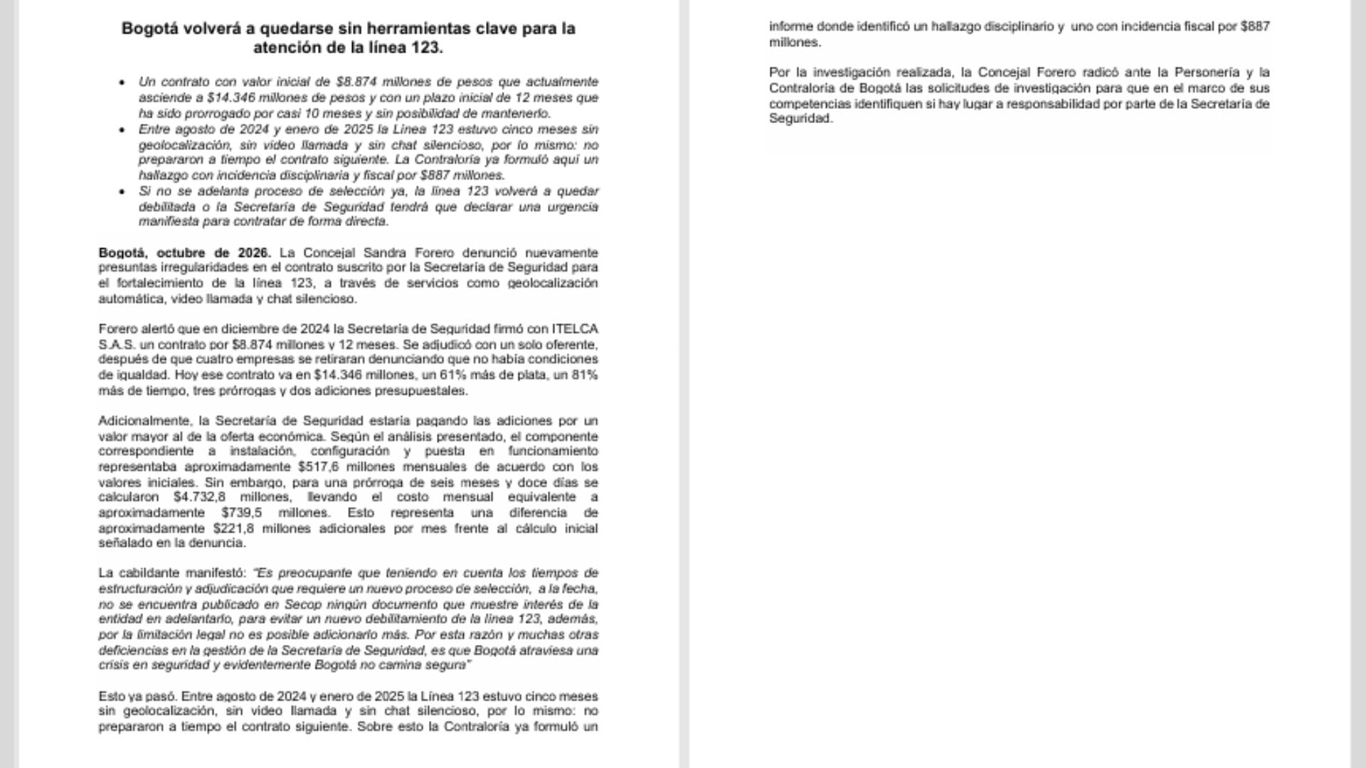 Comunicado denuncia línea 123