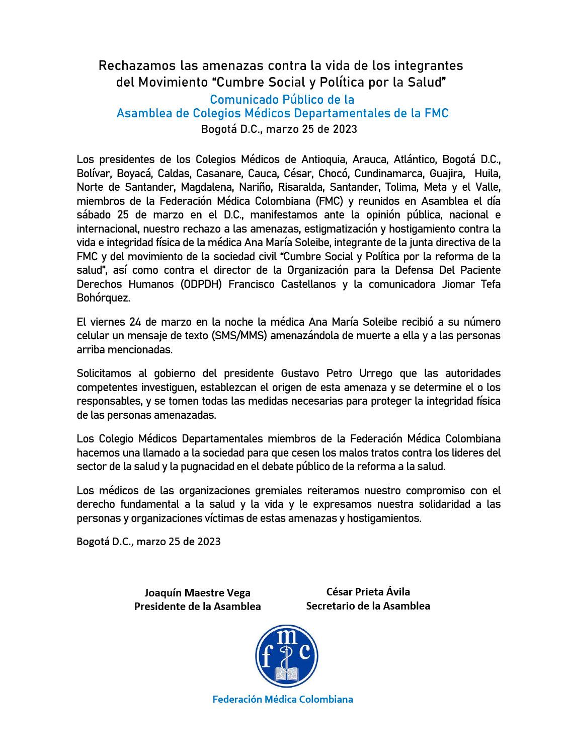 Comunicado de la Federación Médica Colombiana sobre las amenazas contra los promotores de la reforma a la salud.