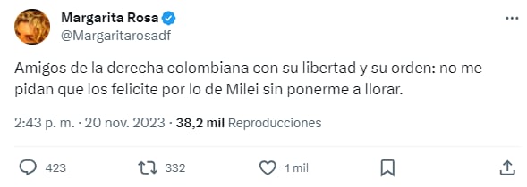 Margarita Rosa de Francisco no ocultó su descontento ante la victoria de Javier Milei en las elecciones presidenciales de Argentina, celebradas este domingo, y envíó un mensaje crítico.