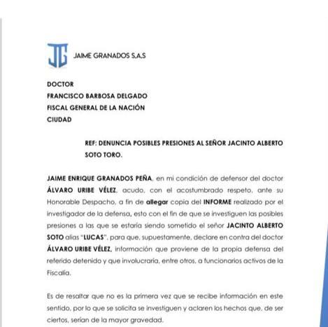 La defensa del expresidente Álvaro Uribe pidió a la Fiscalía que se investiguen las posibles presiones del Fiscal 132 especializado contra alias Lucas, un exparamilitar para que declare en contra de su cliente.