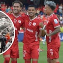 Edson Tortolero celebrando un gol de América junto a Tomás Ángel y Yeison Guzmán.