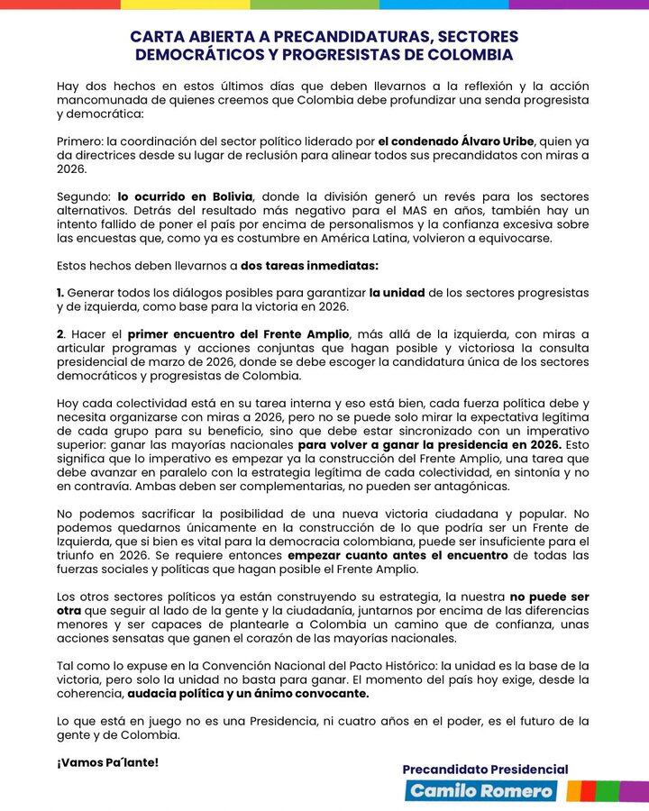 Carta a los sectores políticos de Colombia