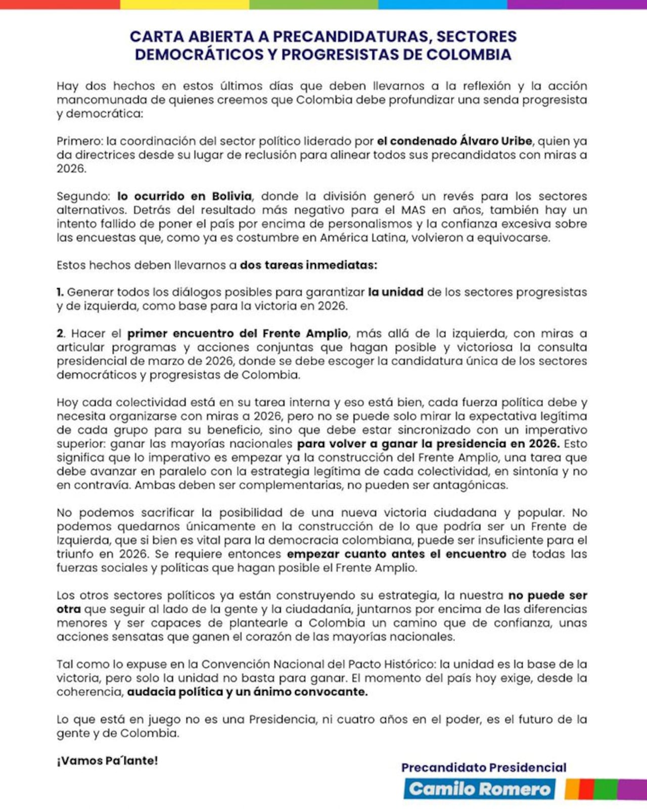 Carta a los sectores políticos de Colombia