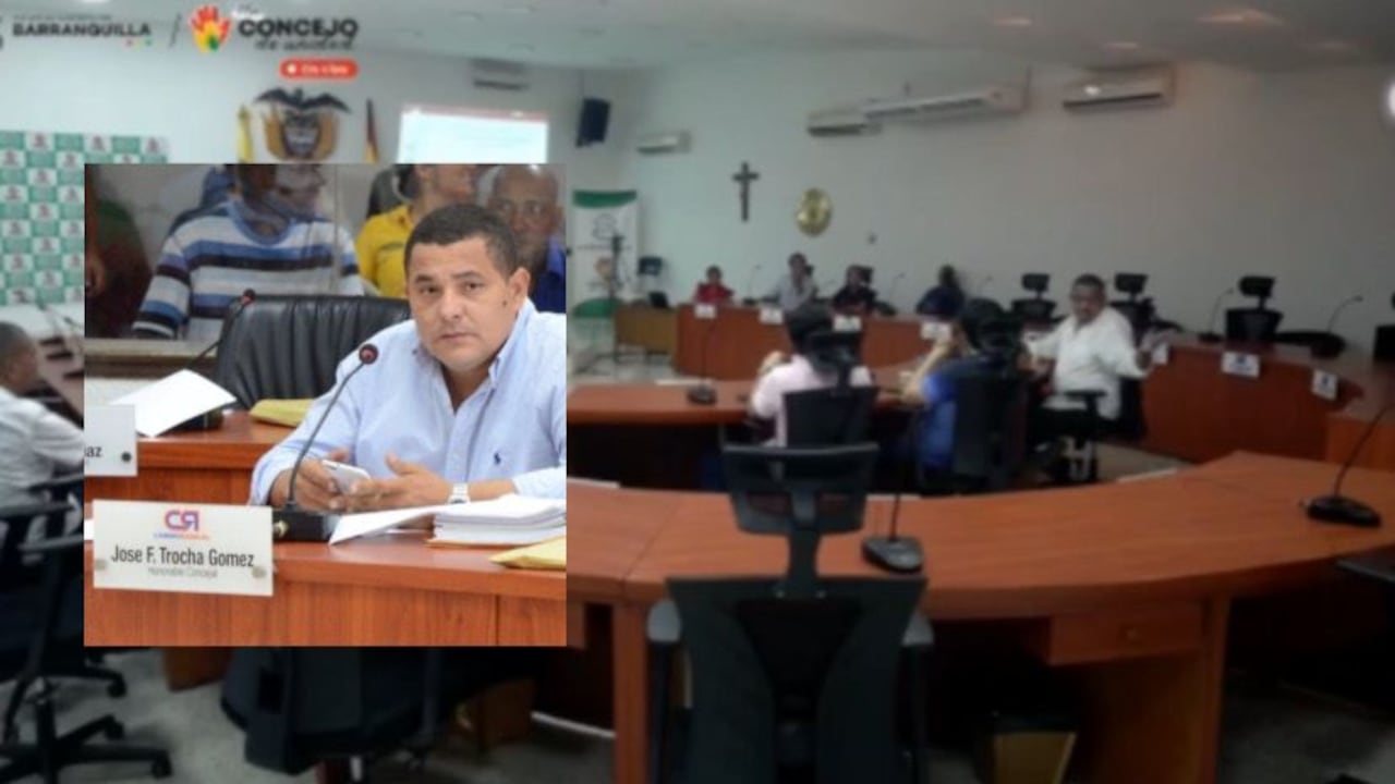 A la izquierda el concejal José Trocha víctima de extorsión, imagen de fondo de la sesión donde ocurrieron los hechos.
