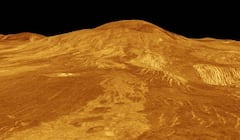 Un modelo 3D generado por computadora de la superficie de Venus muestra el volcán Sif Mons