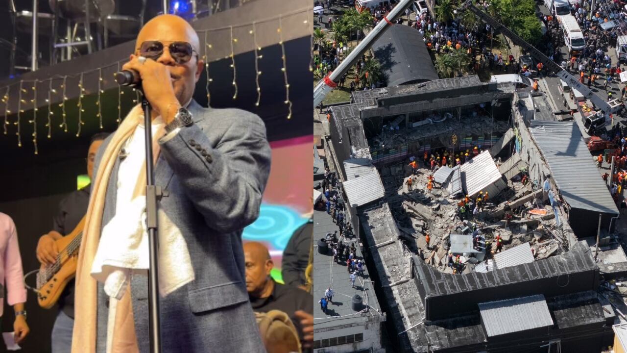 El cantante Rubby Pérez y la discoteca donde se desplomó el techo.