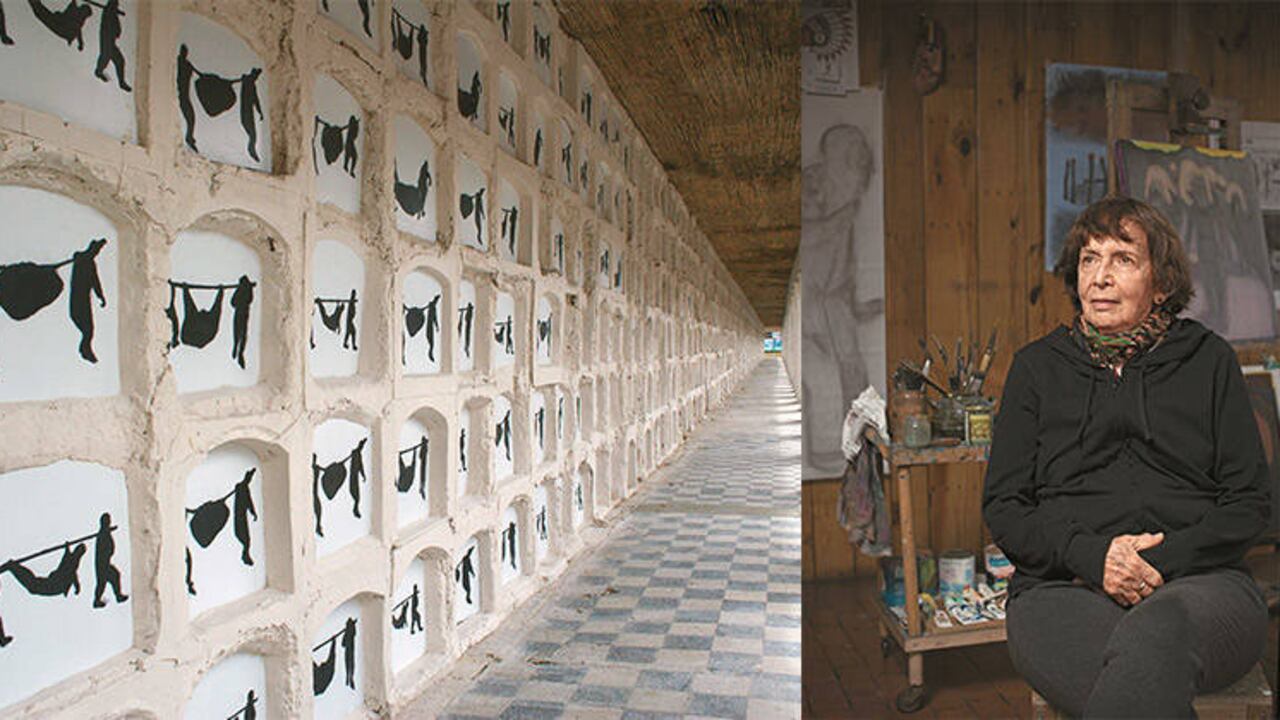 La artista Beatriz González y su obra , en los columbarios del Cementerio Central, en Bogotá. Fotos (de izquierda a derecha): Iván Darío Herrera y Camilo Rozo.