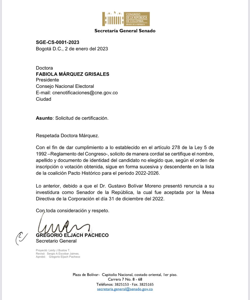 La carta del secretario general del Senado al Consejo Nacional Electoral.