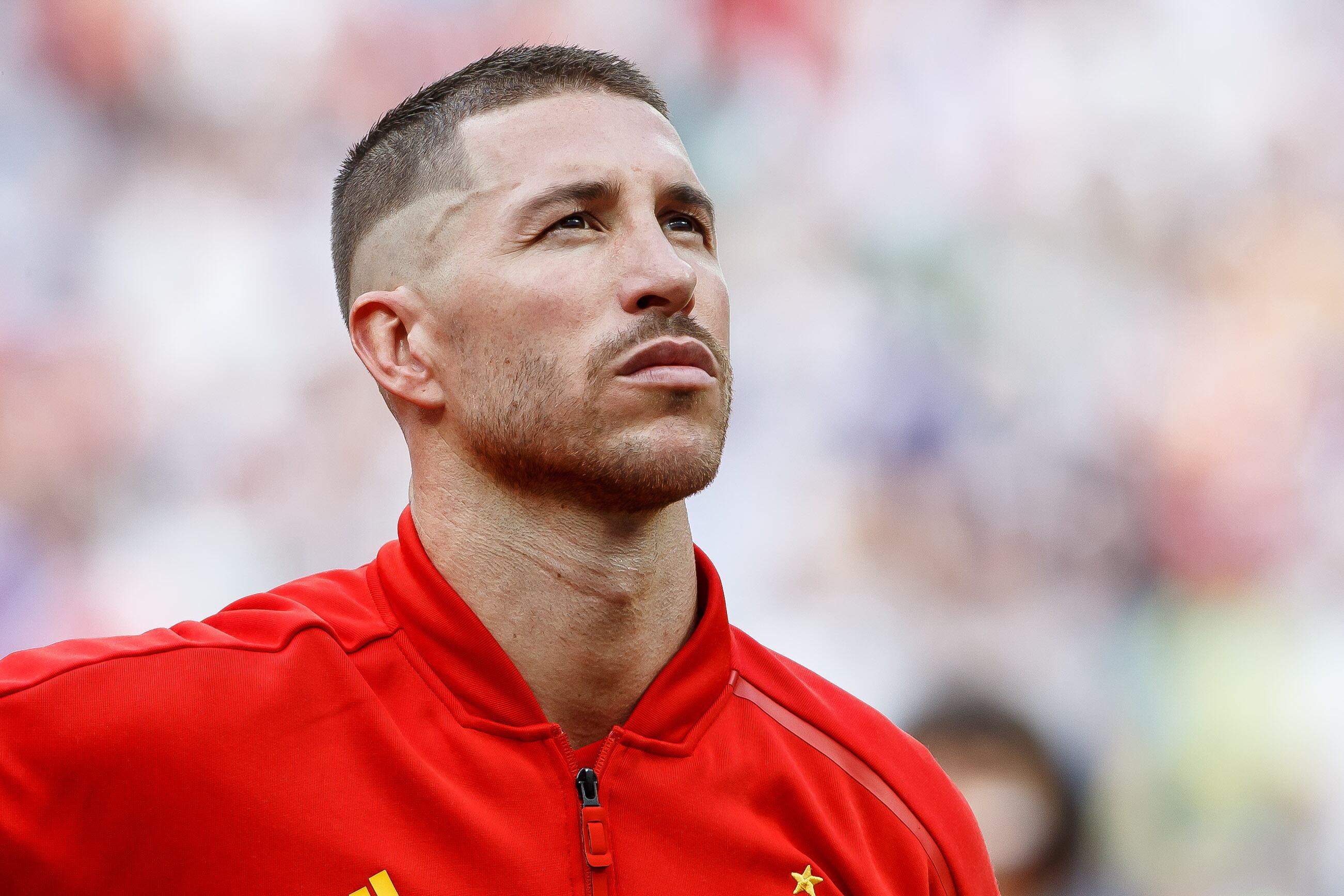 MOSCOW, RUSSIA - JULY 01: Sergio Ramos of Spain looks on prior to the 2018 FIFA World Cup Russia match between Spain and Russia at Luzhniki Stadium on July 01, 2018 in Moscow, Russia. (Photo by TF-Images/Getty Images)