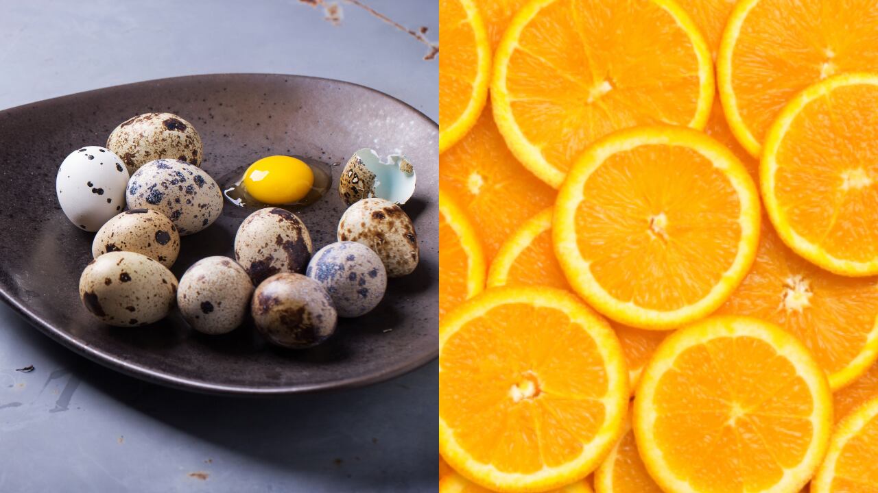 El huevo de codorniz y la naranja en jugo aportan vitamina A al cuerpo.