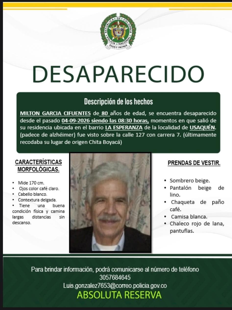 Buscan a Milton García, un hombre de 80 años desaparecido en Usaquén.