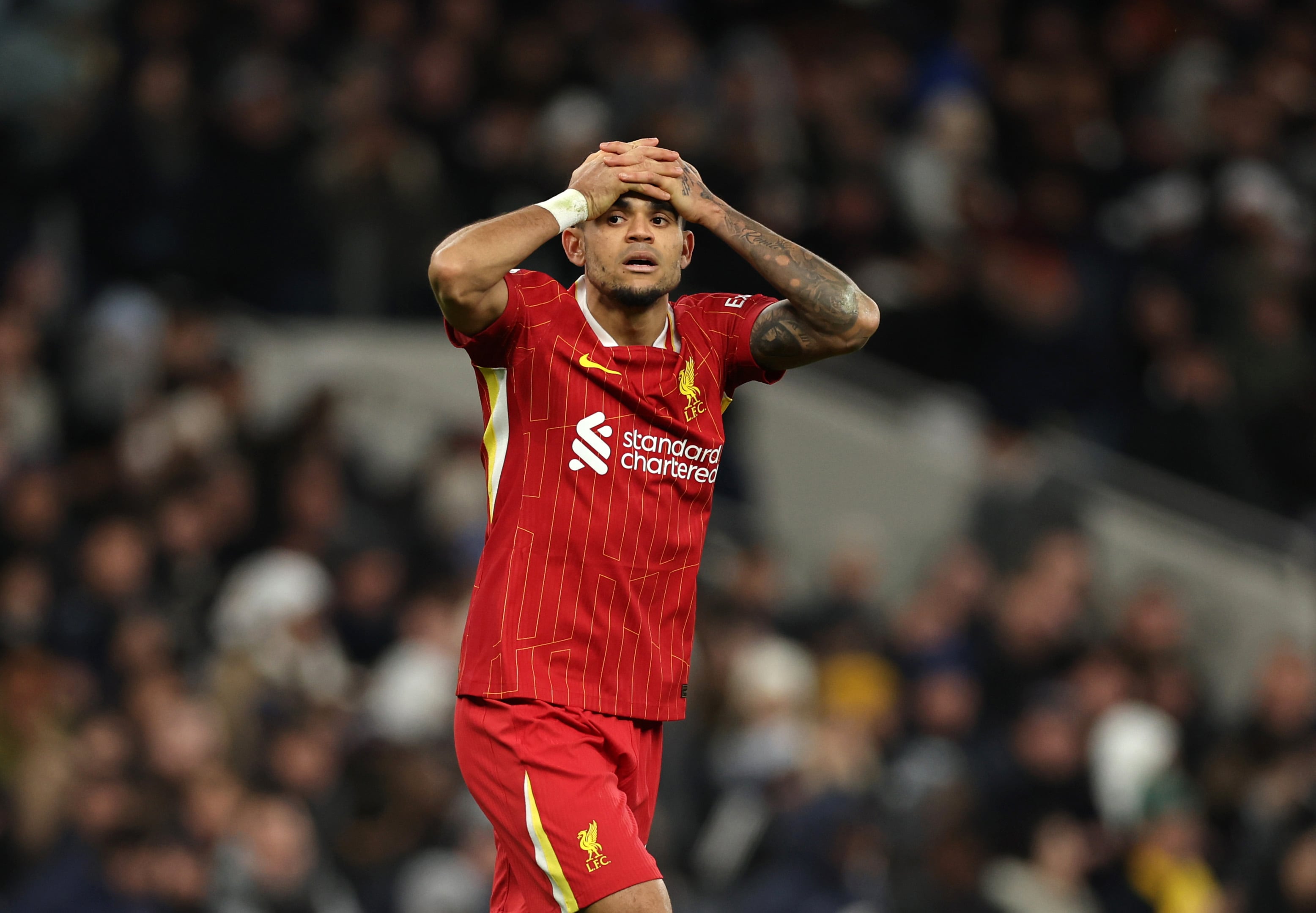 LONDON, ENGLAND - DECEMBER 22: Luis Diaz of Liverpool reac during the Premier League match between Tottenham Hotspur FC and Liverpool FC at Tottenham Hotspur Stadium on December 22, 2024 in London, England. (Photo by Catherine Ivill - AMA/Getty Images)