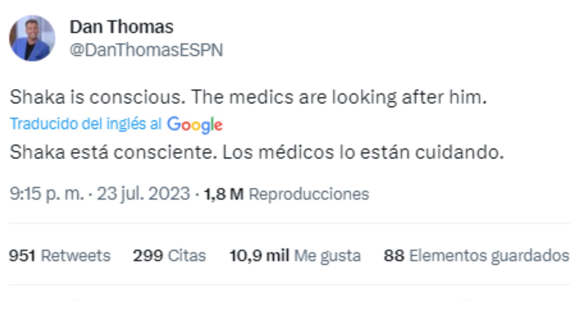 Tweet de Dan Thomas informando sobre el estado de salud de Shaka Hislop.