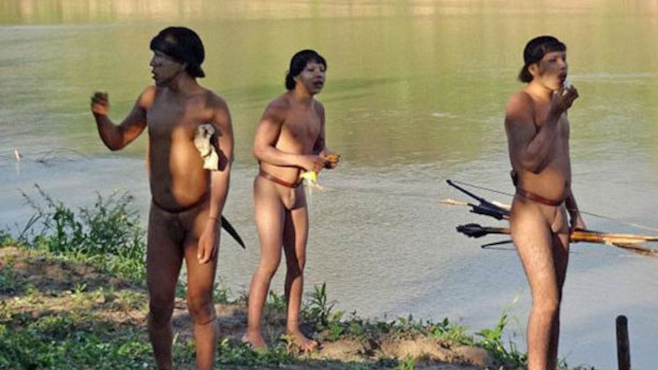 En imágenes divulgadas el 30 de julio por la Fundación Nacional Indígena de Brasil, se ve cuando pobladores amazónicos aislados hacen contacto con la etnia Ashaninka sobre el río Envira, fronterizo con Perú. Foto: AFP.
