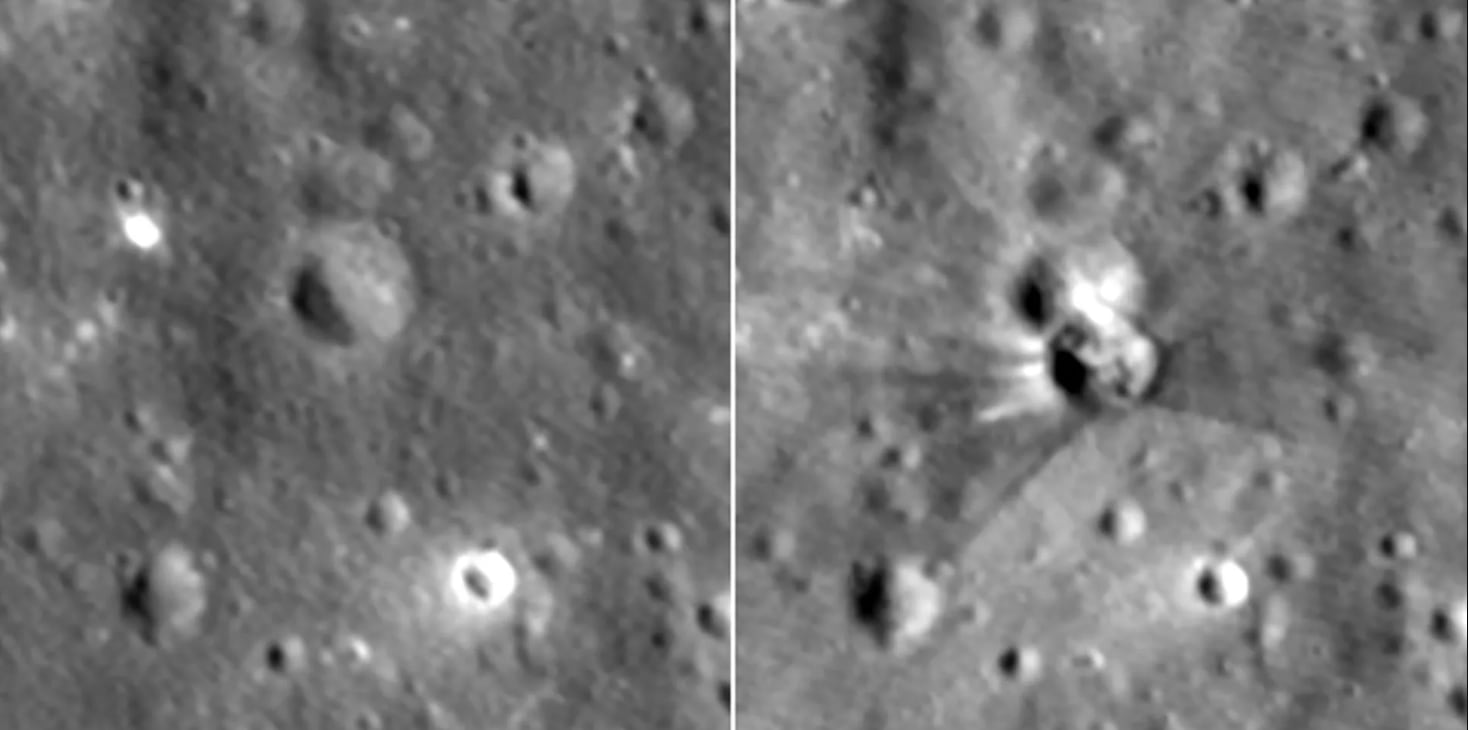 El impacto en la Luna dejó franjas oscuras y claras alrededor del nuevo cráter
